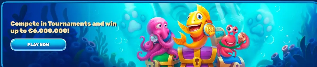Promotional banner with an underwater theme featuring cartoon sea characters (a fish, octopus, and crab) celebrating on a treasure chest, advertising tournaments with prizes up to €6,000,000 and a “Play Now” call-to-action button