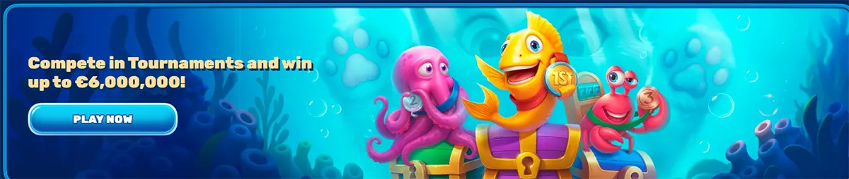 Promotional banner with an underwater theme featuring cartoon sea characters (a fish, octopus, and crab) celebrating on a treasure chest, advertising tournaments with prizes up to €6,000,000 and a “Play Now” call-to-action button