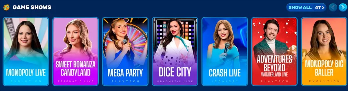 Game Shows section displaying a horizontal carousel of live casino titles such as Monopoly Live, Sweet Bonanza Candyland, Mega Party, Dice City, Crash Live, Adventures Beyond Wonderland Live, and Monopoly Big Baller, with presenters featured on each game card and a “Show All (47)” option for more games