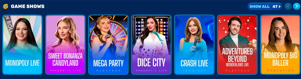 Game Shows section displaying a horizontal carousel of live casino titles such as Monopoly Live, Sweet Bonanza Candyland, Mega Party, Dice City, Crash Live, Adventures Beyond Wonderland Live, and Monopoly Big Baller, with presenters featured on each game card and a “Show All (47)” option for more games